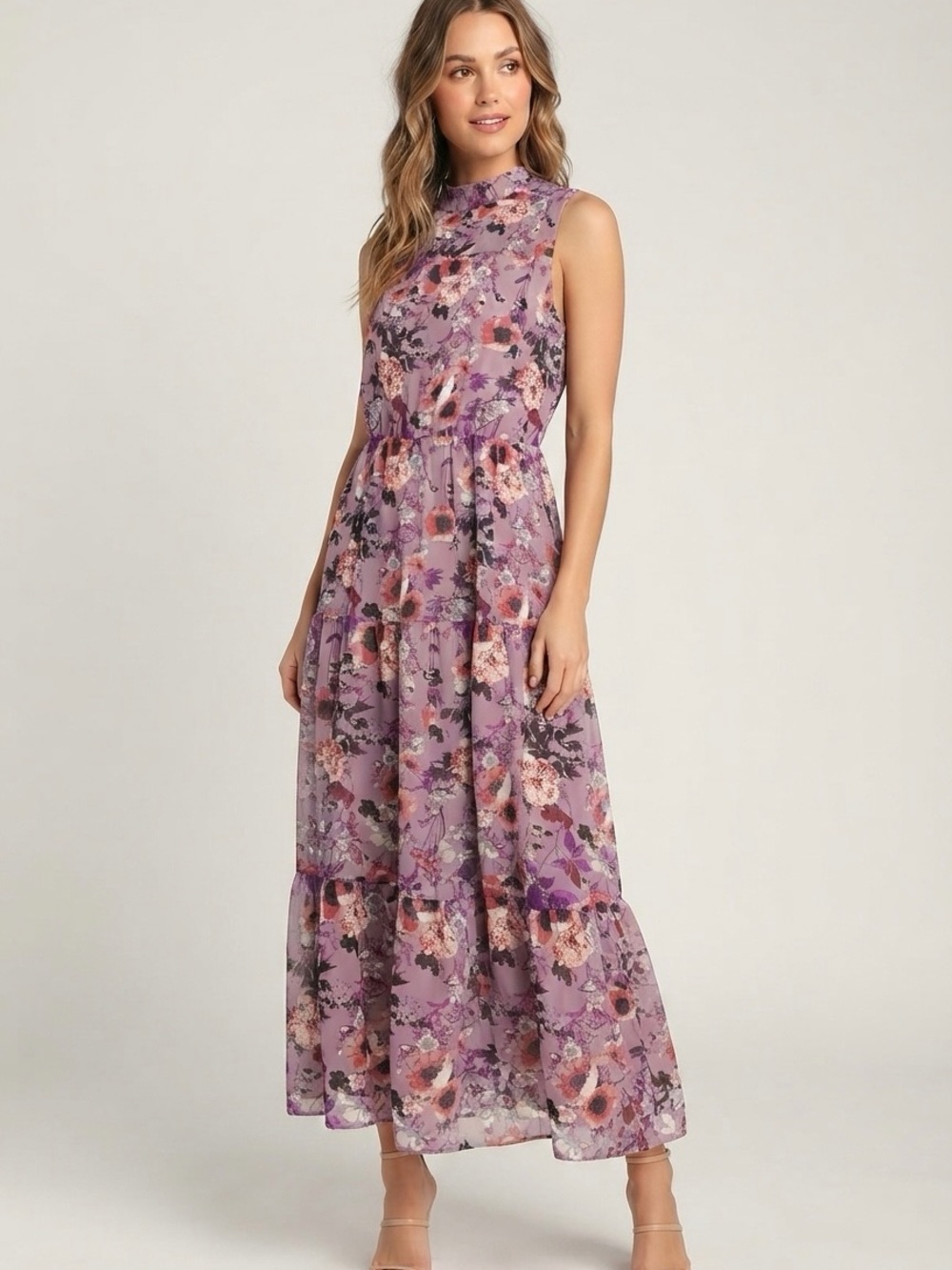 Lulus Purple Floral Mock Neck Tiered Maxi Dress Women XL Chiffon Sleeveless